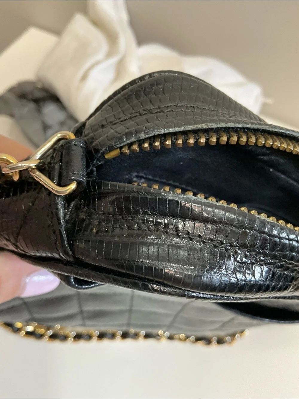 CHANEL Black Quilted Lizard Camera Bag CC Logo Tassel Gold Chain Crossbody CERT